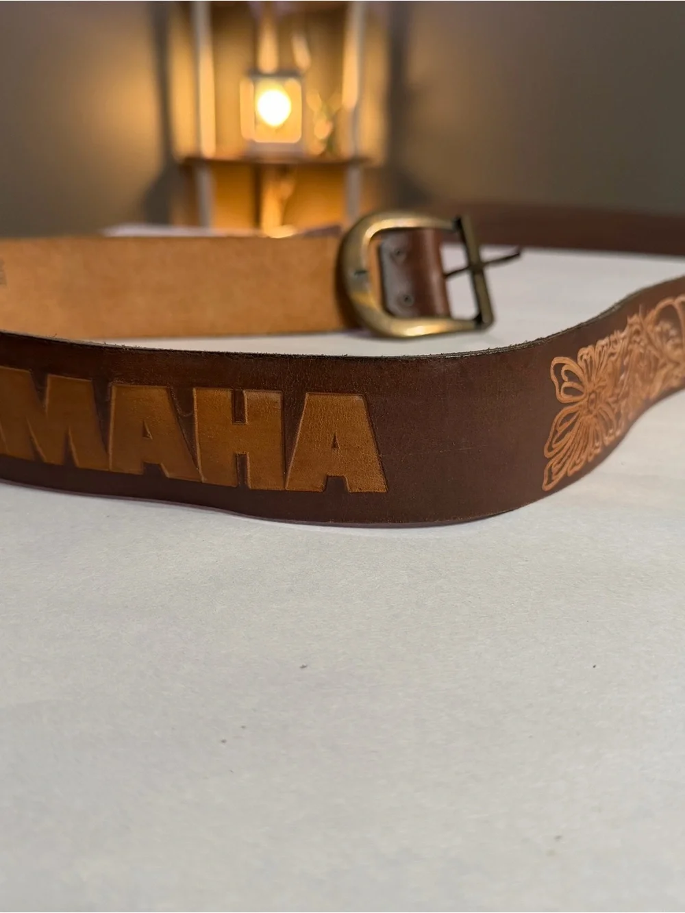 Yamaha Two-Tone Brown Leather Belt with Embossed Logo